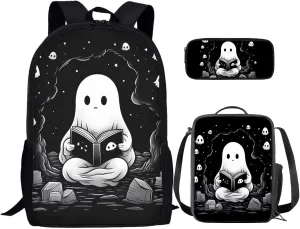 Ystardream Cute Ghost Kids Backpacks for Boys with Lunch Box and Pencil Case Lightweight School Bookbag for Teens Girls Boys 3 in 1 for Kids School Bag Book Bag Set 16 inch Black