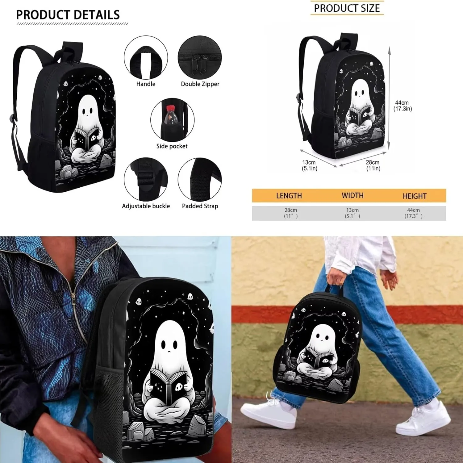 Ystardream Cute Ghost Kids Backpacks for Boys with Lunch Box and Pencil Case Lightweight School Bookbag for Teens Girls Boys 3 in 1 for Kids School Bag Book Bag Set 16 inch Black