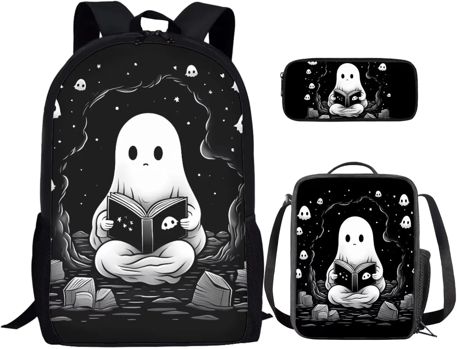 Ystardream Cute Ghost Kids Backpacks for Boys with Lunch Box and Pencil Case Lightweight School Bookbag for Teens Girls Boys 3 in 1 for Kids School Bag Book Bag Set 16 inch Black