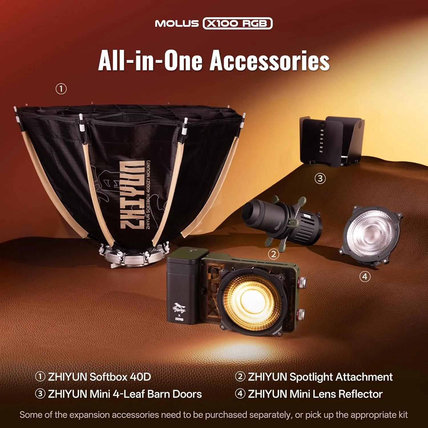 ZHIYUN MOLUS X100 RGB PRO 100W Video Light [Official] V2 Upgraded Version Professional Photography Lighting Portable Continuous Output Lighting 2500K~10000K CRI≥95 TLCI≥97 Only 384g for Youtuber TT