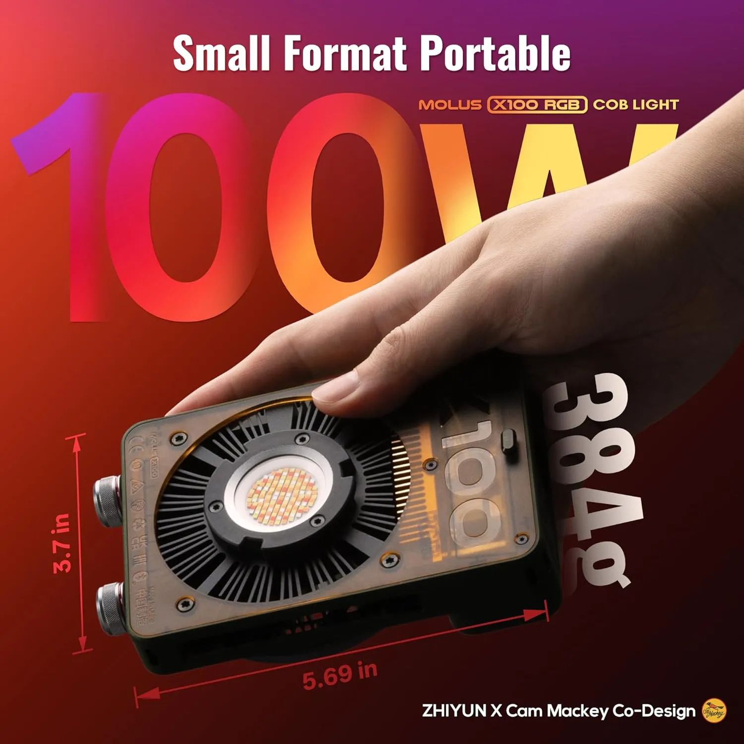 ZHIYUN MOLUS X100 RGB PRO 100W Video Light [Official] V2 Upgraded Version Professional Photography Lighting Portable Continuous Output Lighting 2500K~10000K CRI≥95 TLCI≥97 Only 384g for Youtuber TT