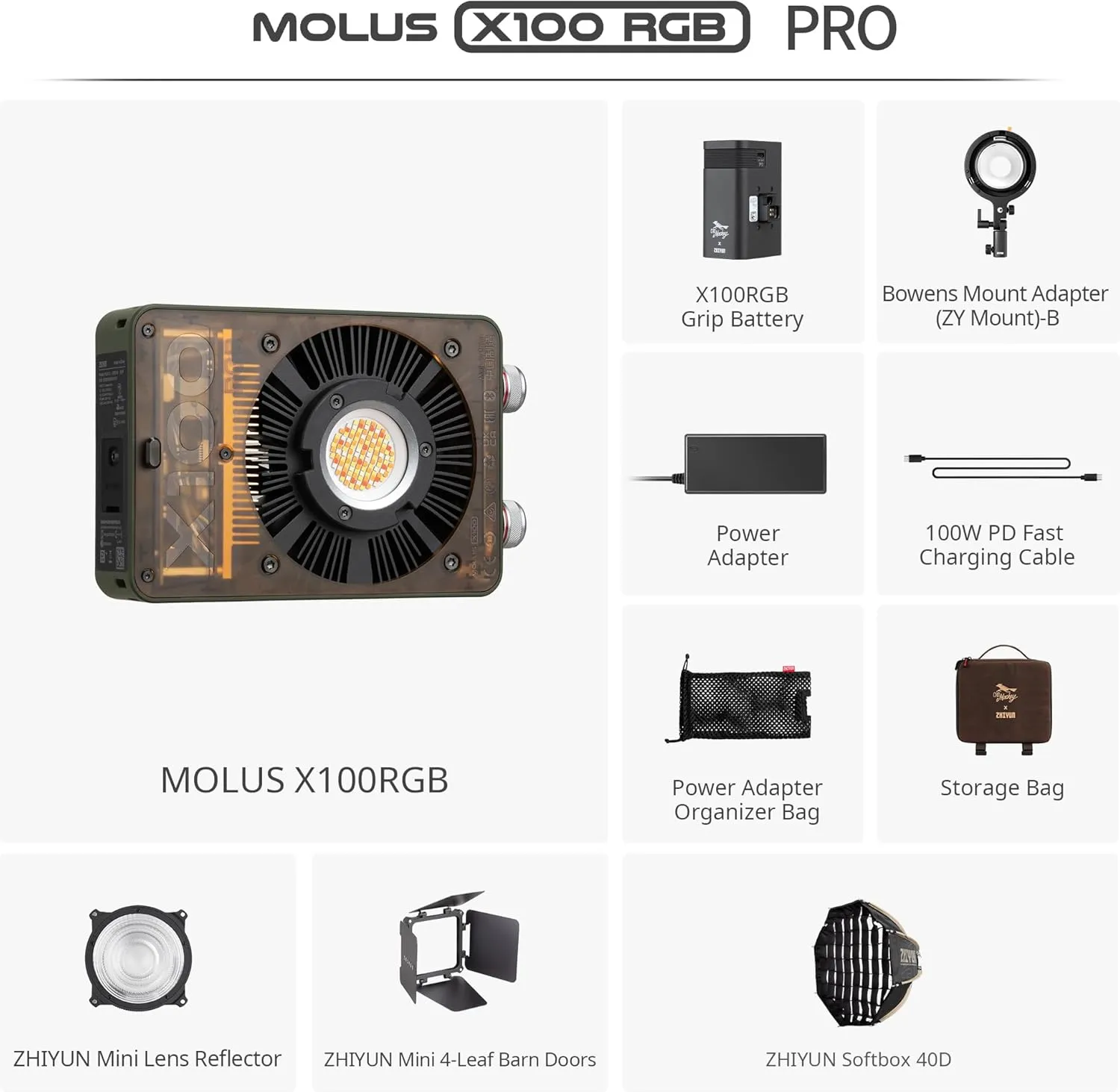 ZHIYUN MOLUS X100 RGB PRO 100W Video Light [Official] V2 Upgraded Version Professional Photography Lighting Portable Continuous Output Lighting 2500K~10000K CRI≥95 TLCI≥97 Only 384g for Youtuber TT