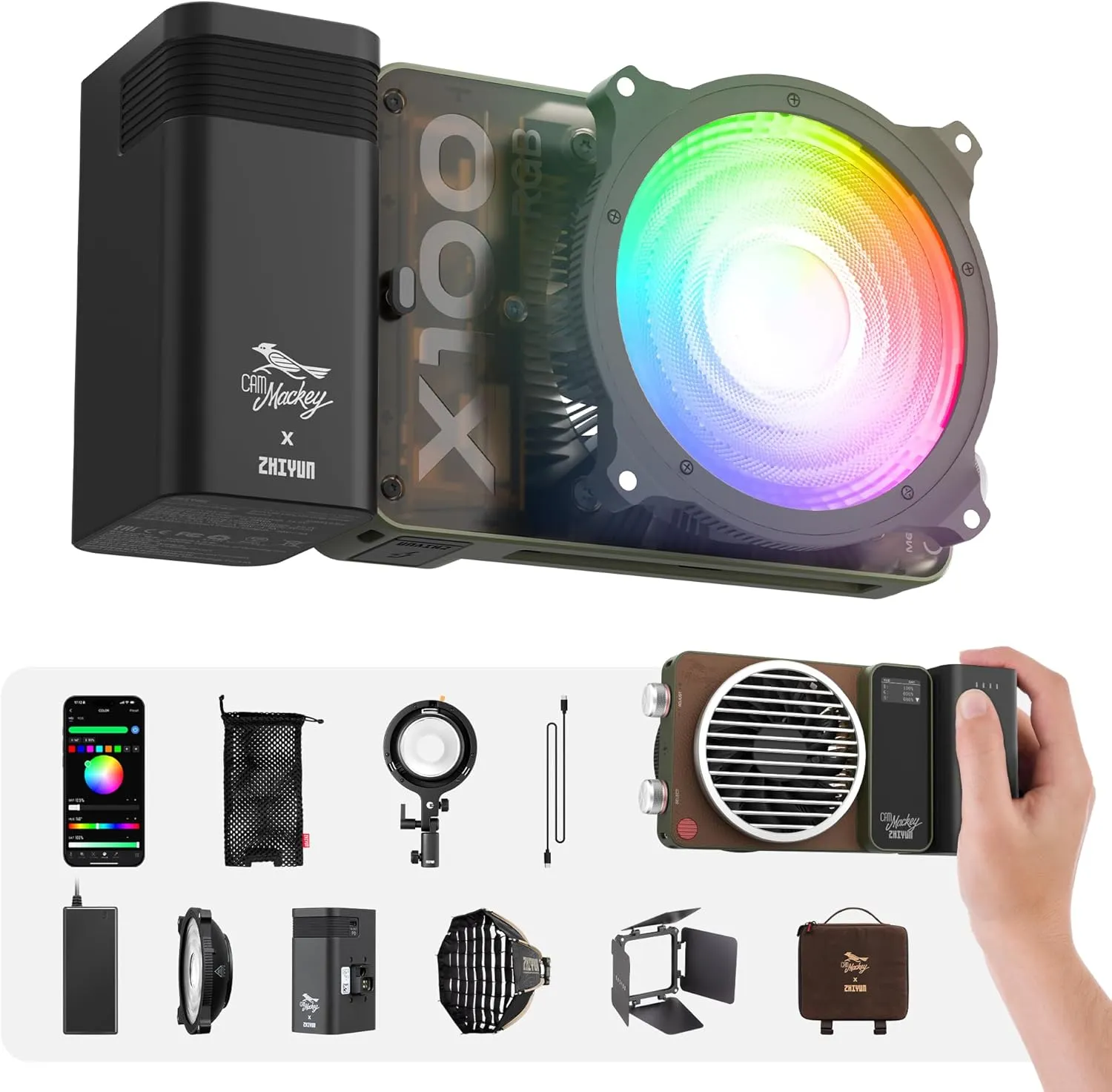 ZHIYUN MOLUS X100 RGB PRO 100W Video Light [Official] V2 Upgraded Version Professional Photography Lighting Portable Continuous Output Lighting 2500K~10000K CRI≥95 TLCI≥97 Only 384g for Youtuber TT